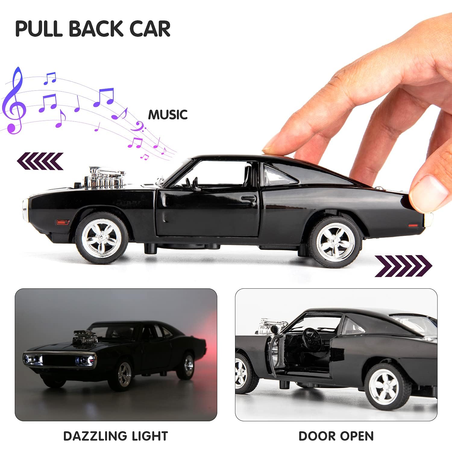 FEXXA 1:32 Scale Exclusive Alloy Metal Pull Back Die-cast Car Model with Sound Light Mini Auto Toy for Kids Metal Model Toy Car with Sound and Light? (Fast & Furious 7-Black) - Image 4