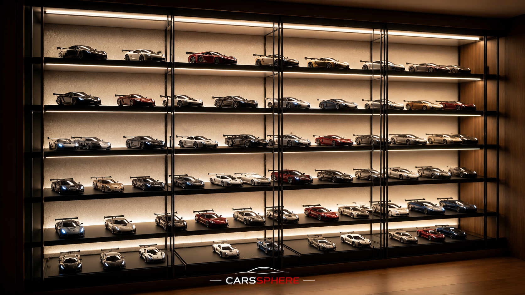 Collection of miniature cars collectables displayed on a shelf.