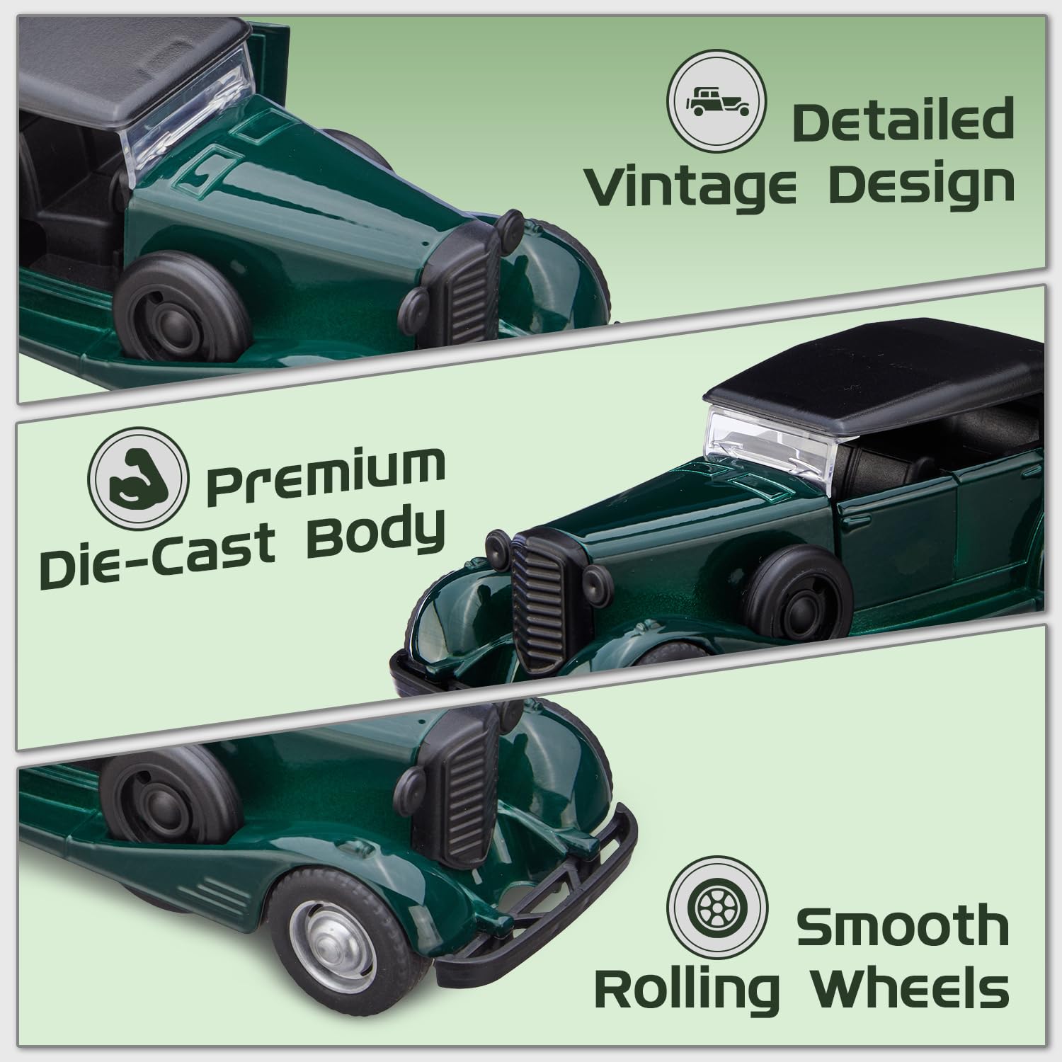 Amazon Brand – Metal Die Cast 1:37 Vintage Car with Top | Green | Collectible & Durable - Image 3