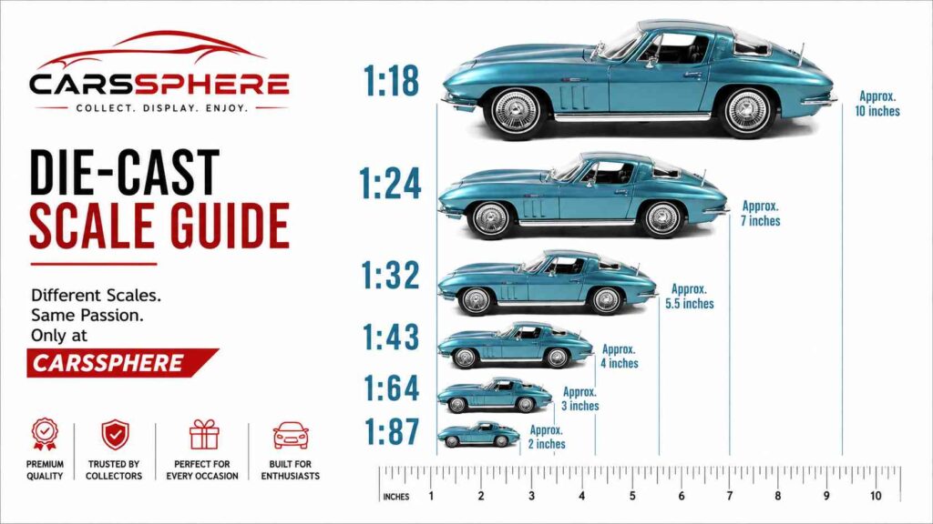 Comparison of different miniature car scales including 1:64, 1:43, 1:24, and 1:18.