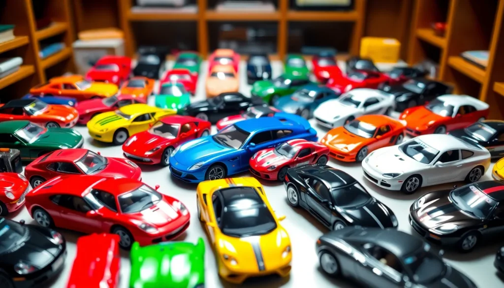 Collection of miniature cars collectables displayed on a shelf.