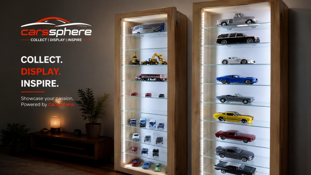 Proper storage of miniature cars collectables in a display cabinet.