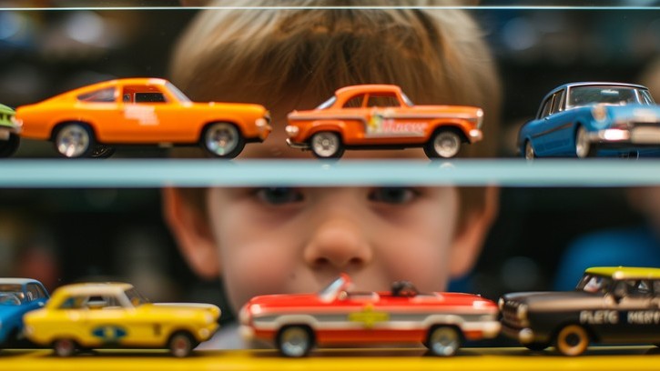 Miniature sports cars collection on display.